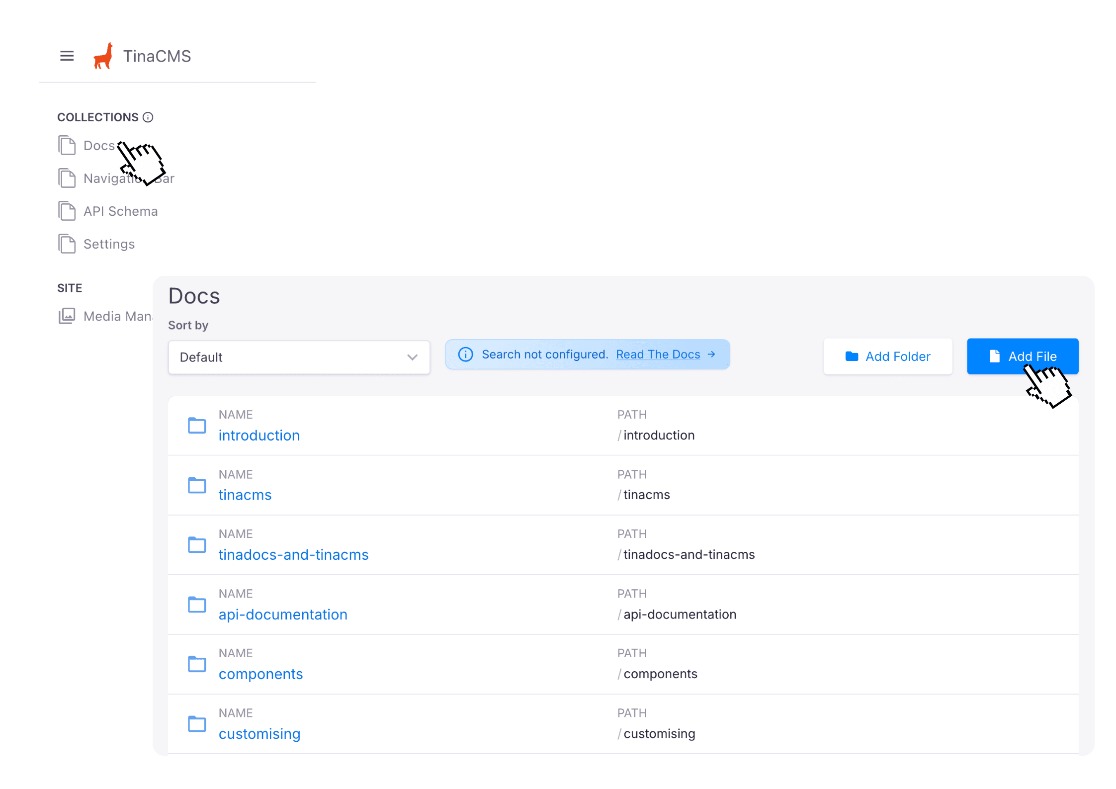 TinaCMS collections menu with the Add File button to create a new documentation page