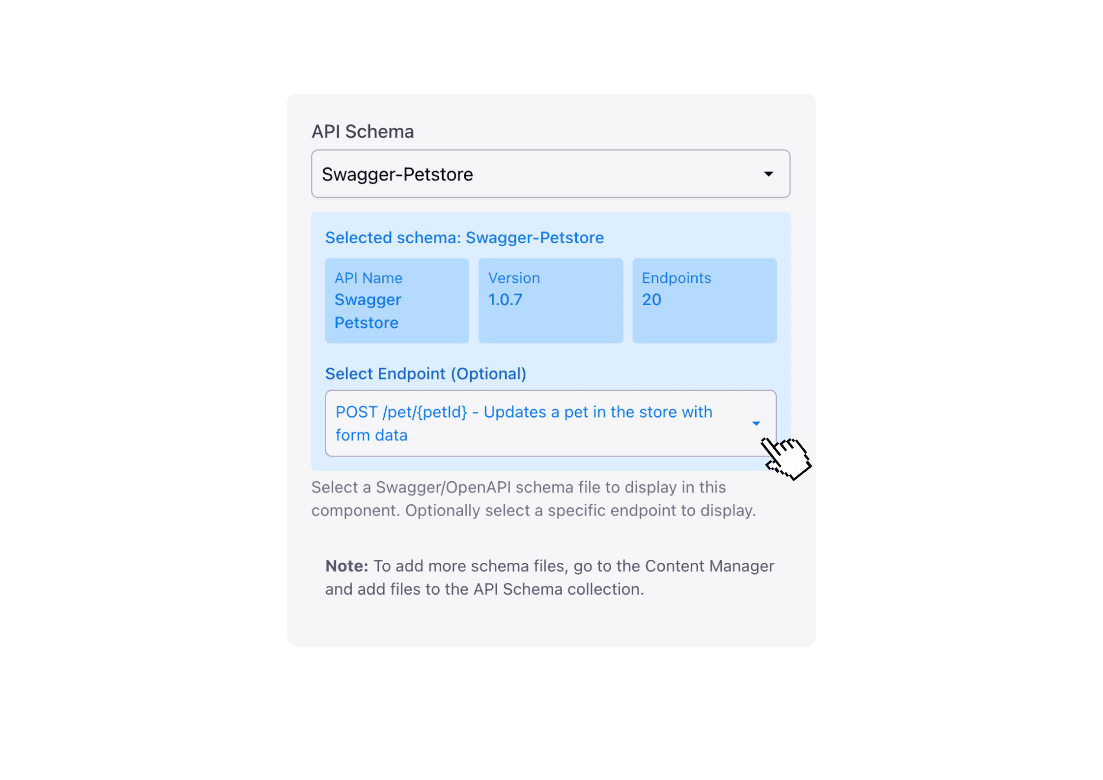 API Reference component dropdown showing available endpoints from an OpenAPI spec