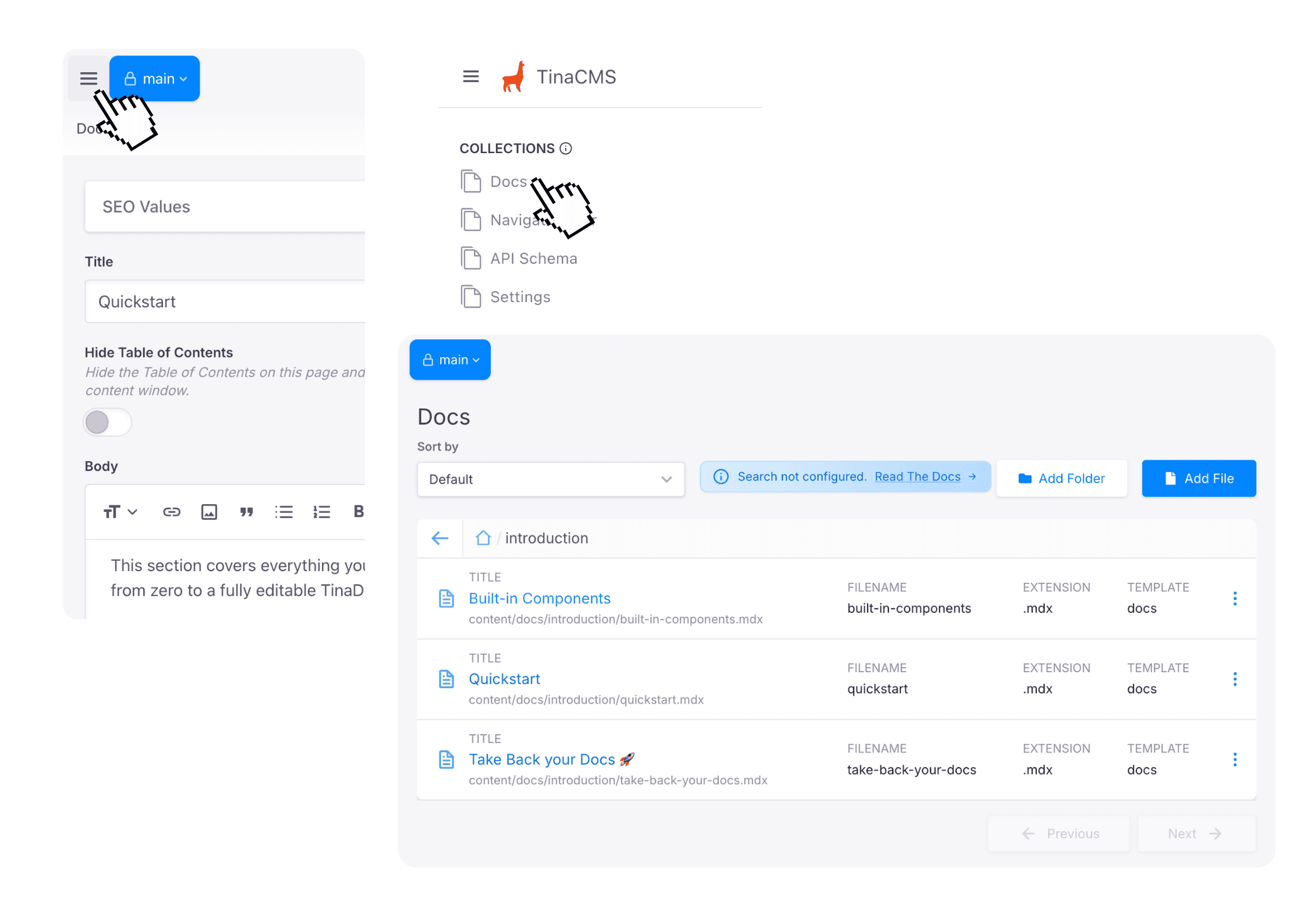 TinaCMS sidebar showing the collections menu with a list of documentation pages