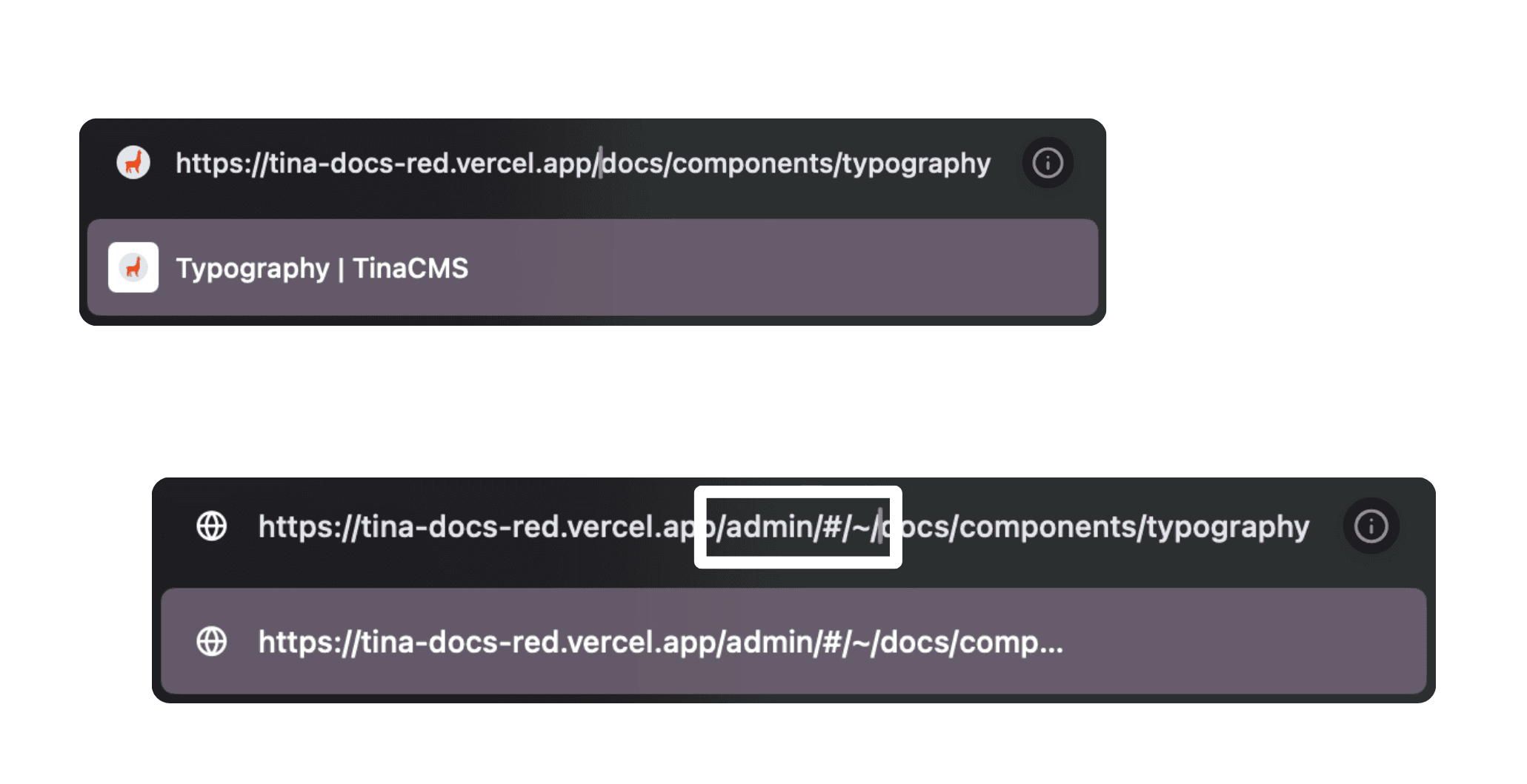 Browser URL bar showing how to navigate to the edit route by inserting /admin/#/~/ into the URL