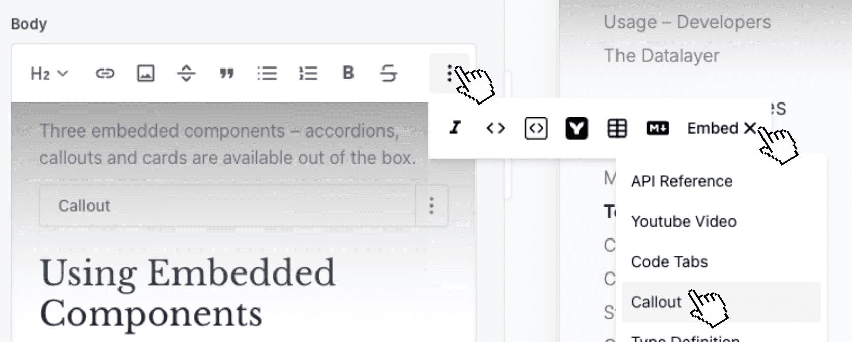 TinaCMS rich-text editor toolbar showing the embed tab