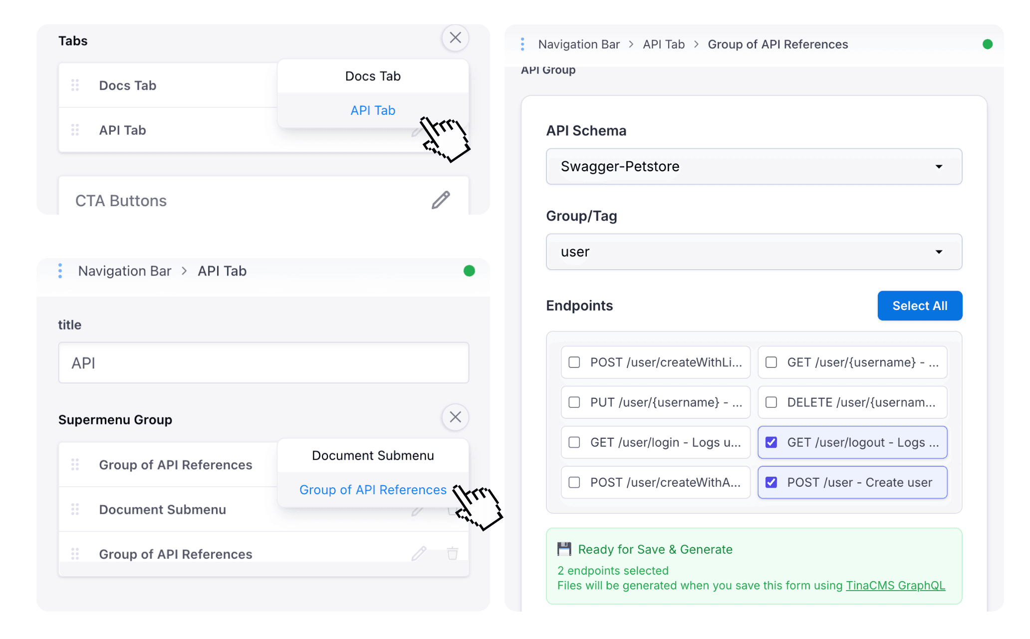 TinaCMS interface generating navigation menu groups and pages from an OpenAPI specification