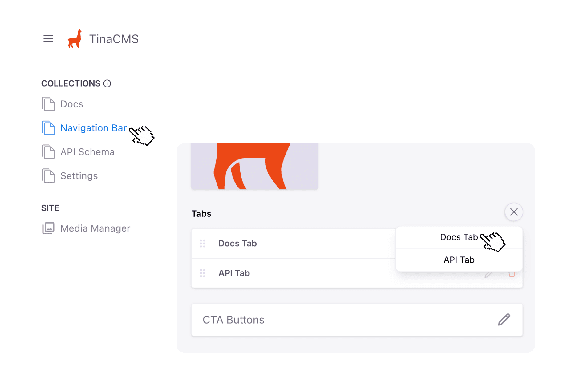 TinaCMS Navigation Bar collection editor showing how to add a new Docs or API tab