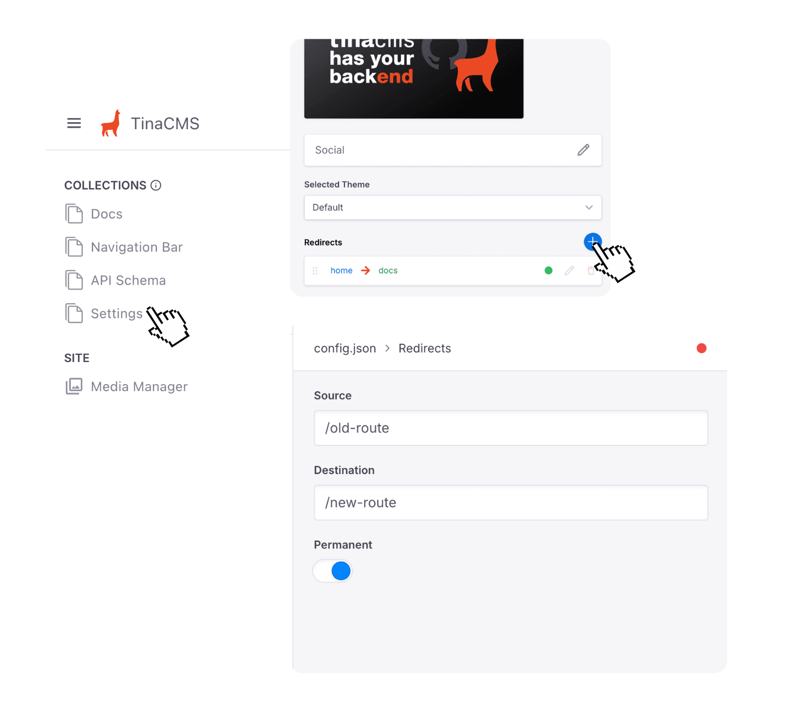 TinaCMS redirect editor showing source path, destination path, and permanent redirect toggle