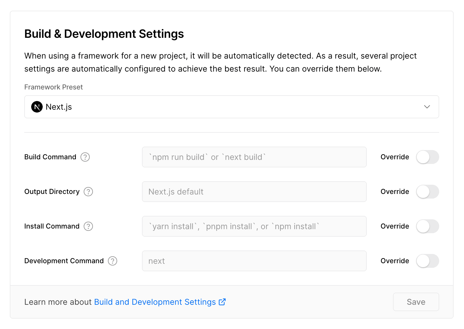 Vercel build settings configuration for a Next.js project with TinaCMS